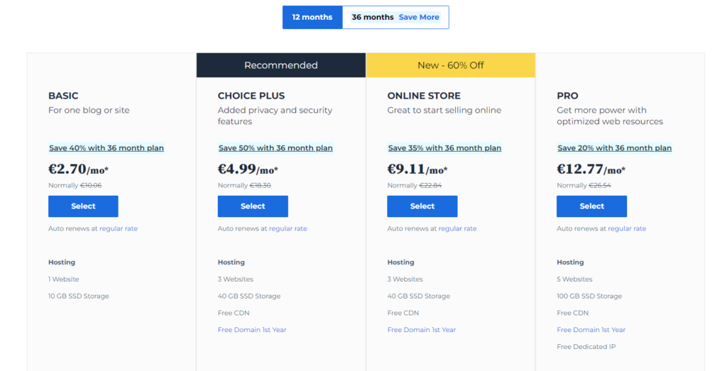 Hostinger vs Bluehost:  Bluehost pricing